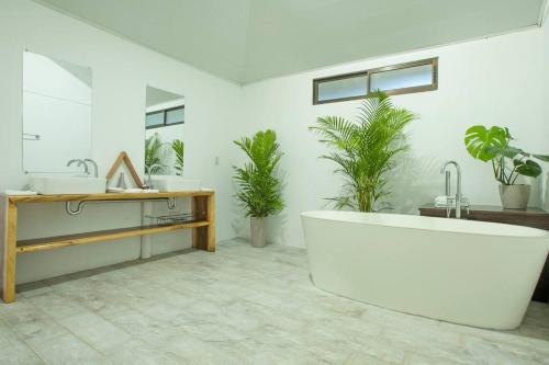 a bathroom with a tub and a sink and potted plants at Anthurium house in Fortuna