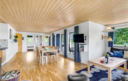 a living room with a wooden ceiling at Holiday Home Hejls 28 in Hejls