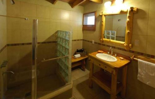 a bathroom with a shower and a sink and a mirror at Cabañas Bosques del Sol in Villa Giardino