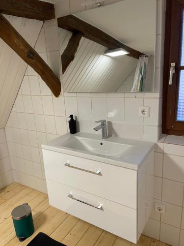 a bathroom with a white sink and a mirror at Hideaway im Odenwald nahe Heidelberg in Eberbach