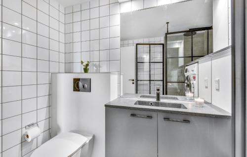 baño blanco con fregadero y nevera en Cozy Apartment In Ringkbing With Kitchen, en Ringkøbing