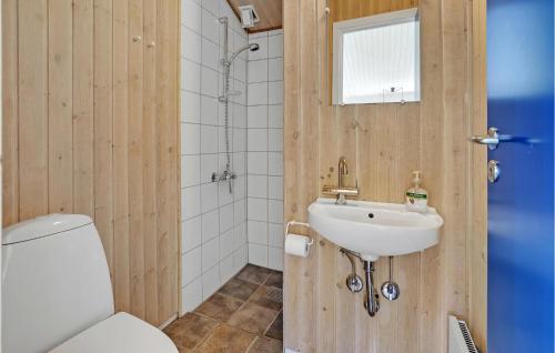 a bathroom with a white toilet and a sink at Stunning Home In Fjerritslev With Sauna in Fjerritslev