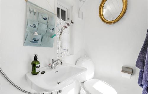 een badkamer met een wastafel, een toilet en een spiegel bij Beautiful Home In Aakirkeby With Kitchen in Åkirkeby