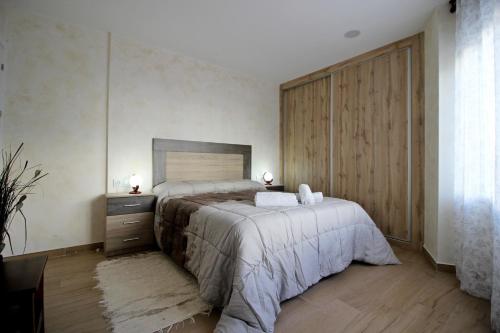 1 dormitorio con 1 cama grande y pared de madera en Apartamento turístico la Vera, en Aldeanueva de la Vera