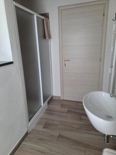 a bathroom with a white sink and a shower at La Piazzetta in Goito