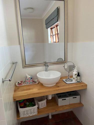 a bathroom with a sink and a mirror at Charming cottage in lush Melrose Garden in Johannesburg