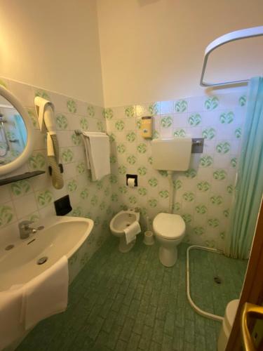 y baño con lavabo, aseo y espejo. en Hotel & Ristorante EUROPA, en Palazzuolo sul Senio