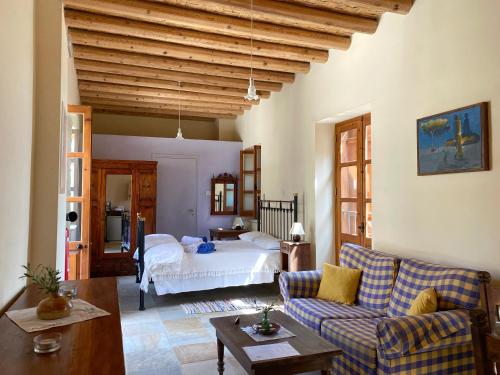 a living room with a bed and a couch at Eveleos Country House in Tochni