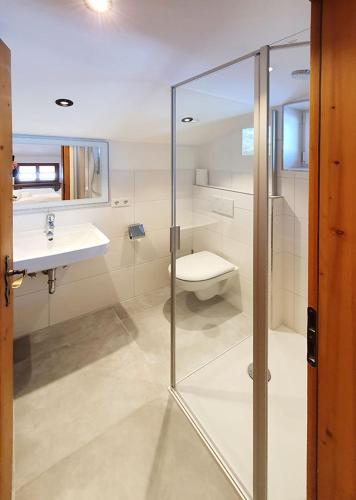 a bathroom with a glass shower and a toilet at Gasthof Zellerwand in Schleching