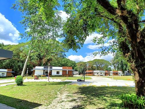 a park in front of a school with a tree at Aurora Villas and Cabin Resort in Clark