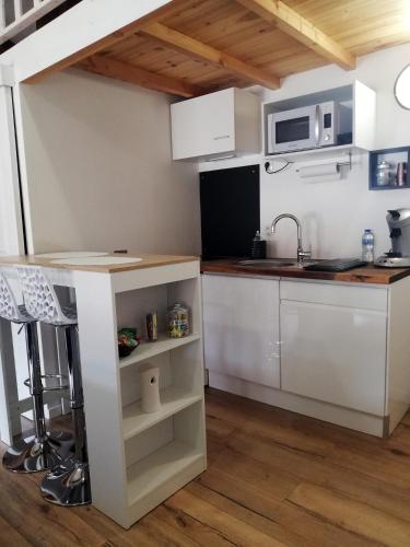 une cuisine blanche avec un évier et un micro-ondes dans l'établissement Pause COCOONING en Centre historique, à Montauban