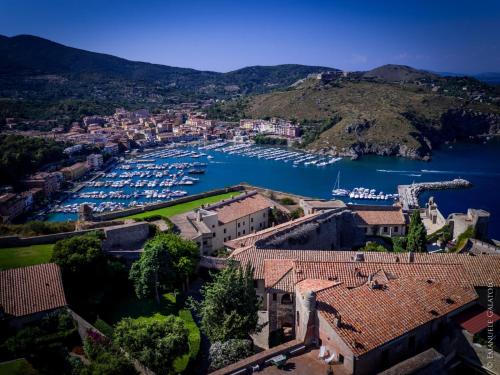 an aerial view of a harbor with boats in the water at Affitti Brevi Toscana - In Centro a Porto Ercole in Porto Ercole