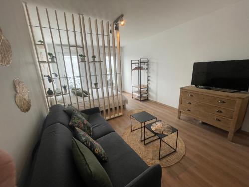 a living room with a couch and a flat screen tv at ALP Chartres - Grand studio avec terrasse et parking in Chartres