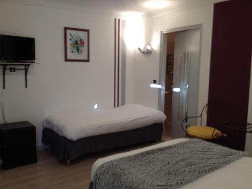 a hotel room with two beds and a television at Hôtel Lou Caleù restaurant le Rocher des Abeilles in Saint-Martin-de-Castillon