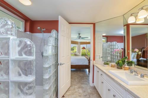 a bathroom with a sink and a shower at Nohea Villa in Princeville