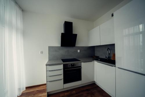a kitchen with white cabinets and a stove top oven at TIFFANY Apartment Hotel in Bratislava