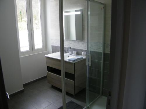 y baño con lavabo y ducha acristalada. en Appartement Le grisou, en Cransac