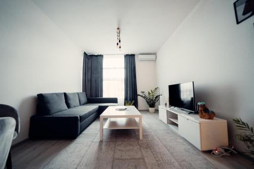 a living room with a couch and a tv at TIFFANY Apartment Hotel in Bratislava
