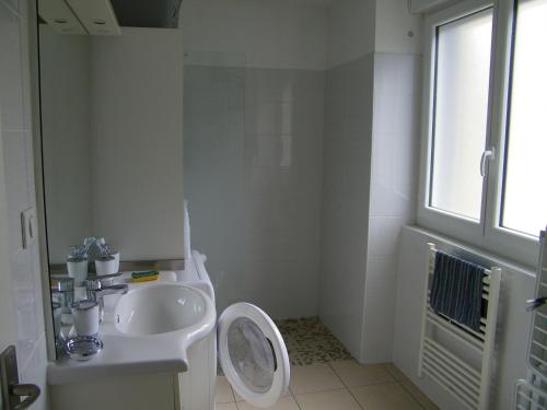 La salle de bains blanche est pourvue de toilettes et d'un lavabo. dans l'établissement Appartement Cransac 2, à Cransac