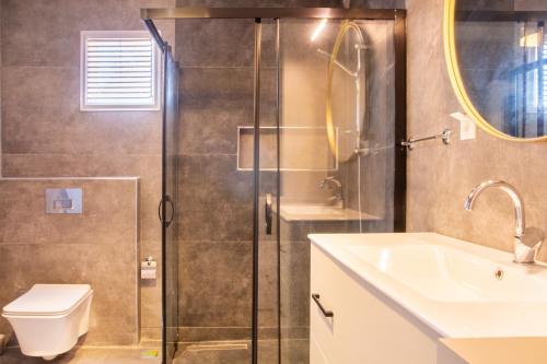 ein Bad mit einer Dusche, einem Waschbecken und einem WC in der Unterkunft Fully Furnished and Stylish Villa in Izmir in Izmir