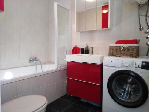 a bathroom with a washing machine and a sink at House Leon in Brtonigla