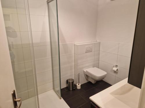a white bathroom with a toilet and a shower at Wohnen auf Zeit City Speyer in Speyer