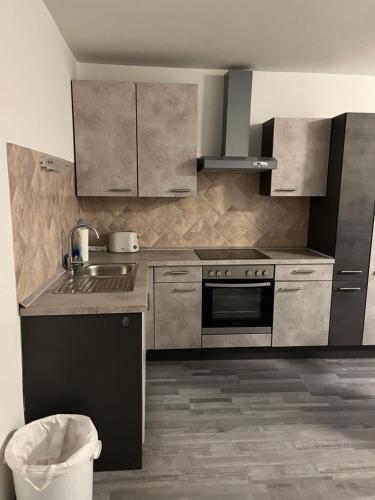a kitchen with stainless steel cabinets and a sink at Appartementhaus Lekic in Böheimkirchen