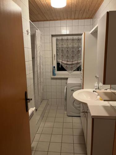 a bathroom with a sink and a toilet and a window at Appartementhaus Lekic in Böheimkirchen