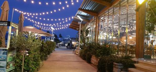 a building with lights hanging over a sidewalk with plants at Latchi Aria villa in Neo Chorio