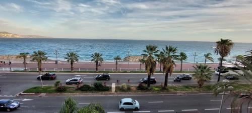 a view of a parking lot with palm trees and the ocean at Acquamarina - vue mer in Nice