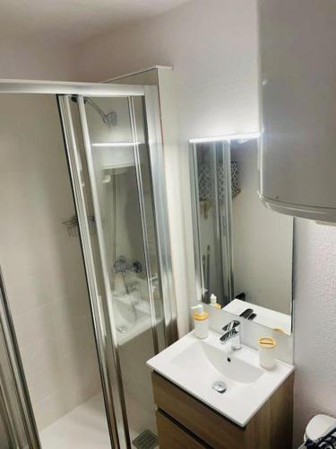 une salle de bain avec une douche, un lavabo et des toilettes dans l'établissement Le pti ‘ P2000, à Bolquère-Pyrénées 2000