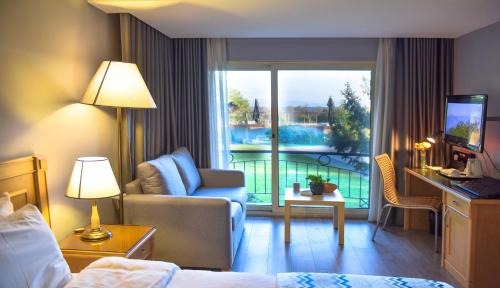 a hotel room with a bed and a view of a pool at Denizatı Plus Hotel in Istanbul