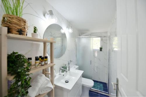 e bagno con lavandino, servizi igienici e doccia. di Olivo II Luxury Apartment a Hydra