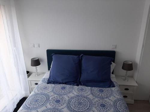 une chambre avec un lit avec deux oreillers bleus dans l'établissement Chambre de L'ESTUAIRE, à Anglade