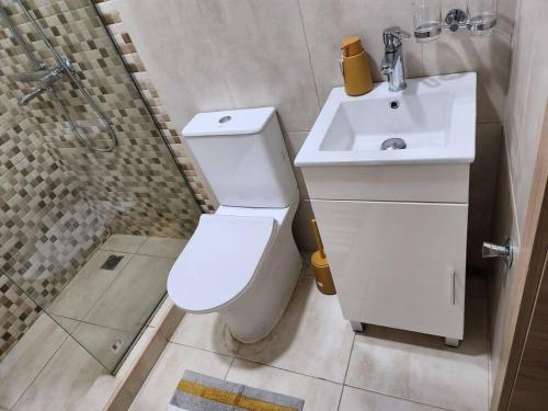 a bathroom with a white toilet and a sink at Spacious Luxury 3Bed Hse in Tema - Netflix Wi-fi in Dawhwenya