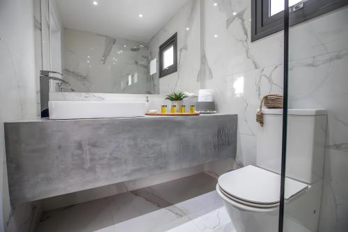 a bathroom with a sink and a toilet at Sun & Sea Seaview Apartment in Protaras