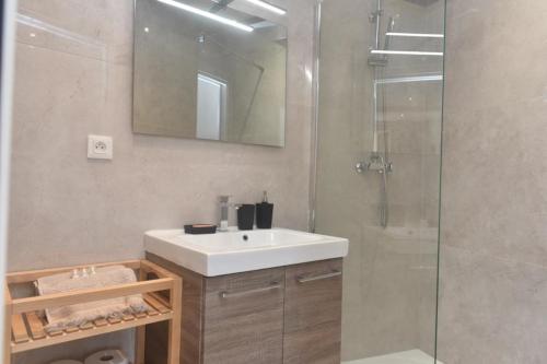 une salle de bain avec un lavabo blanc et une douche dans l'établissement Nice T2 in the historic center of Antibes, à Antibes