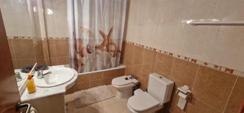 ein Bad mit einem WC, einem Waschbecken und einer Dusche in der Unterkunft CASA RODA DE BARÁ in Roda de Berà