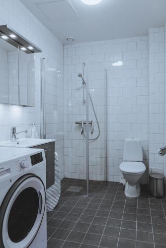 a bathroom with a toilet and a washing machine in it at Magnolia House Norrviken in Sollentuna