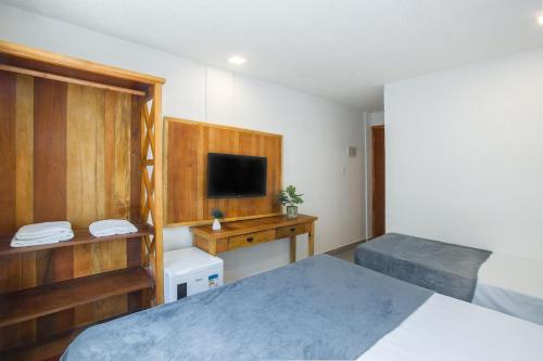 a hotel room with a bed and a television at Hotel Cajueiro Guarujá in Guarujá