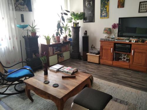 ein Wohnzimmer mit einem Couchtisch und einem TV in der Unterkunft sunflower in Budapest