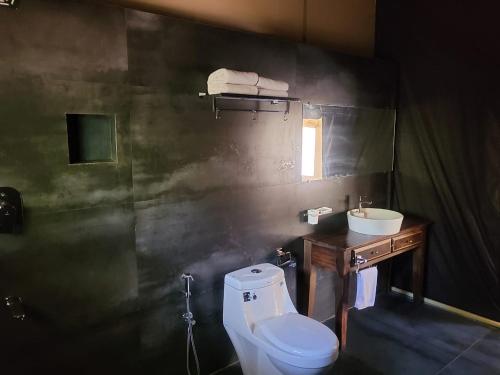 a bathroom with a toilet and a sink at Three Hills Resort Coorg in Madikeri