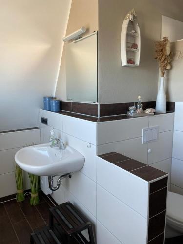 ein Badezimmer mit Waschbecken und Spiegel in der Unterkunft Villa Ostseewelle in Dranske