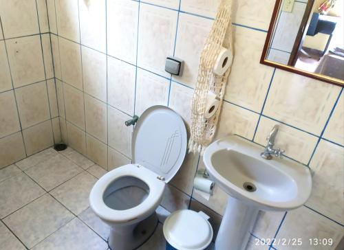 a bathroom with a toilet and a sink at O Brejo Encantado Hospedagem e Pousada in Embu
