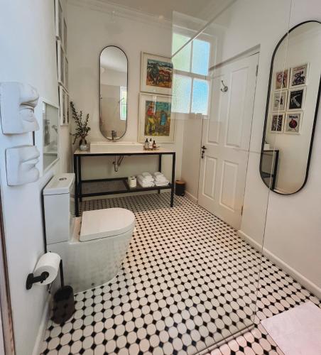 a bathroom with a toilet and a sink and a mirror at 1 Royal Street Guesthouse in Riebeek-Kasteel