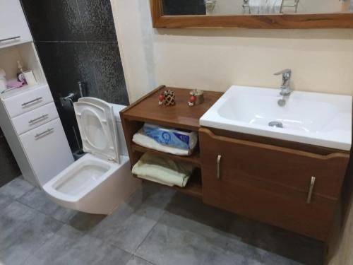 La salle de bains est pourvue d'un lavabo et de toilettes. dans l'établissement Studio meublé cuisine américaine, à Dakar