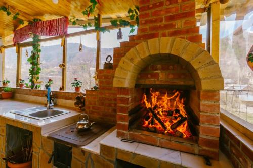 a brick oven in a kitchen with a fireplace at Casa Vio in Nehoiu