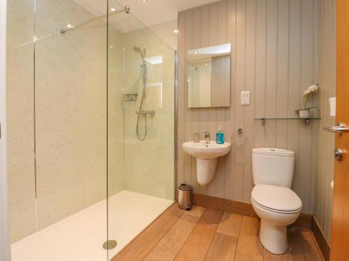 a bathroom with a shower and a toilet and a sink at Holly Lodge in Preston