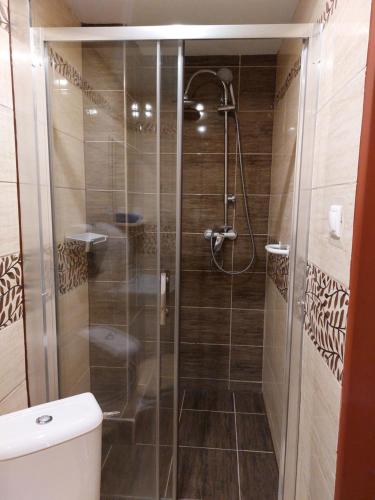 a shower with a glass door in a bathroom at Penzion Flipper in Revúca