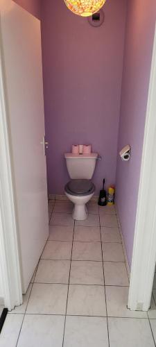uma casa de banho com um WC numa parede roxa em Spacieux appartement résidence calme em Fonsorbes